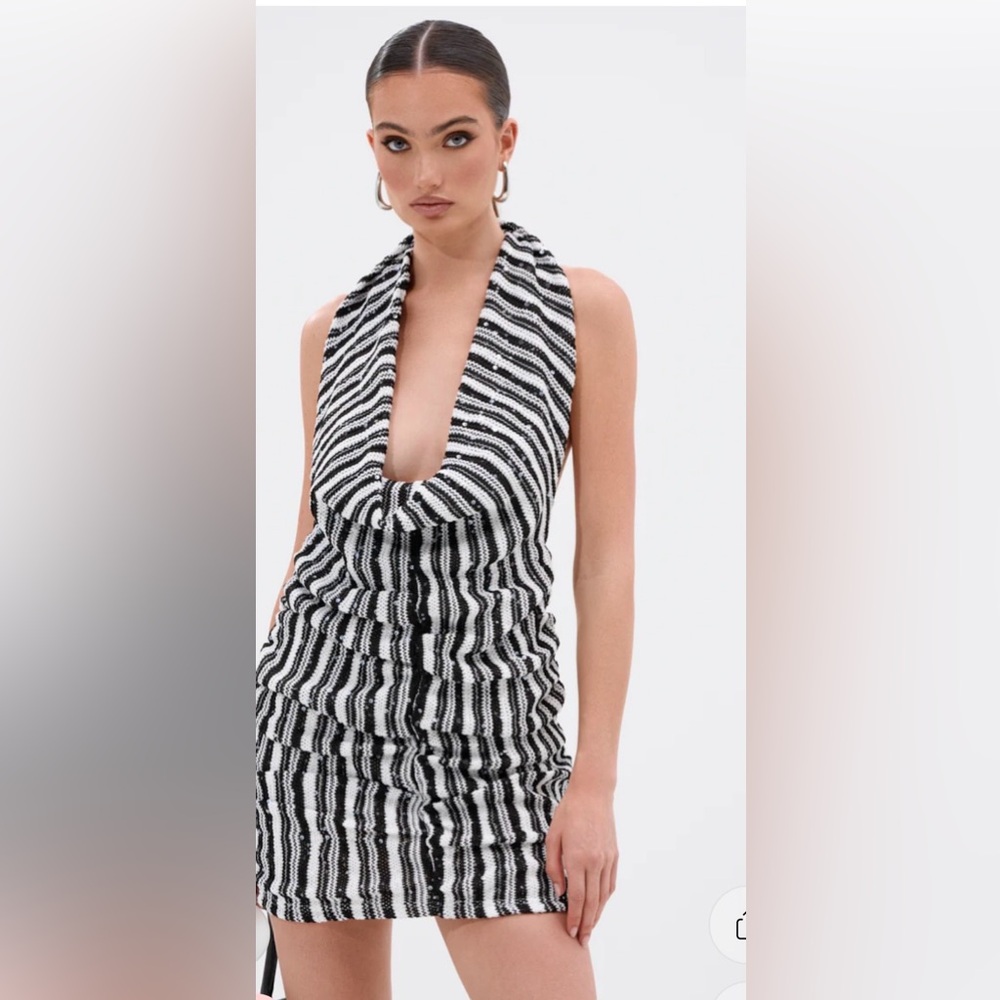 New AKIRA Black and White crochet Striped mini Halter Dress